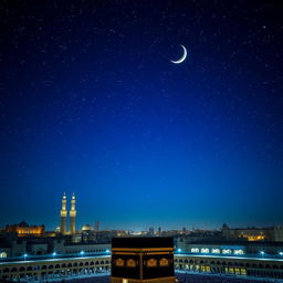 A breathtaking nighttime scene over the city of Makkah, showcasing a star-filled sky