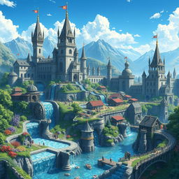 A magnificent anime medieval kingdom intricately designed with a hydropunk system, showcasing grand castles and sprawling villages powered by flowing water