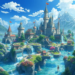A magnificent anime medieval kingdom intricately designed with a hydropunk system, showcasing grand castles and sprawling villages powered by flowing water