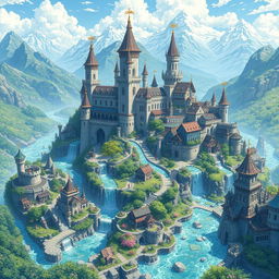 A magnificent anime medieval kingdom intricately designed with a hydropunk system, showcasing grand castles and sprawling villages powered by flowing water