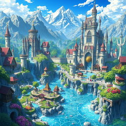 A magnificent anime medieval kingdom intricately designed with a hydropunk system, showcasing grand castles and sprawling villages powered by flowing water