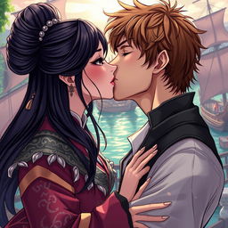 A romantic illustration in manhwa style depicting a couple kissing