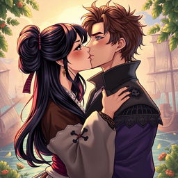 A romantic illustration in manhwa style depicting a couple kissing