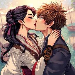 A romantic illustration in manhwa style depicting a couple kissing