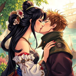 A romantic illustration in manhwa style depicting a couple kissing