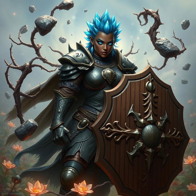A heavy-set, dark-skinned female human with striking bright blue eyes and unique blue crystals for hair, clad in impressive onyx full plate armor