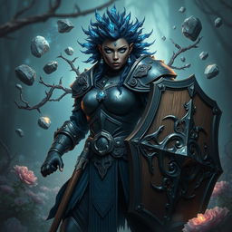 A heavy-set, dark-skinned female human with striking bright blue eyes and unique blue crystals for hair, clad in impressive onyx full plate armor