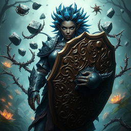 A heavy-set, dark-skinned female human with striking bright blue eyes and unique blue crystals for hair, clad in impressive onyx full plate armor