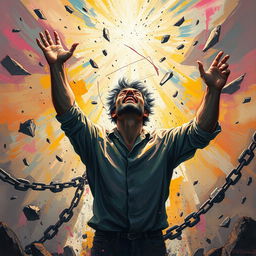 A powerful scene illustrating a man breaking free from the grips of madness, surrounded by swirling colors and chaotic elements that represent his inner turmoil