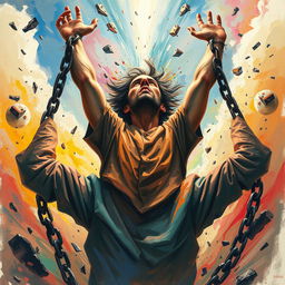A powerful scene illustrating a man breaking free from the grips of madness, surrounded by swirling colors and chaotic elements that represent his inner turmoil