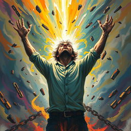 A powerful scene illustrating a man breaking free from the grips of madness, surrounded by swirling colors and chaotic elements that represent his inner turmoil