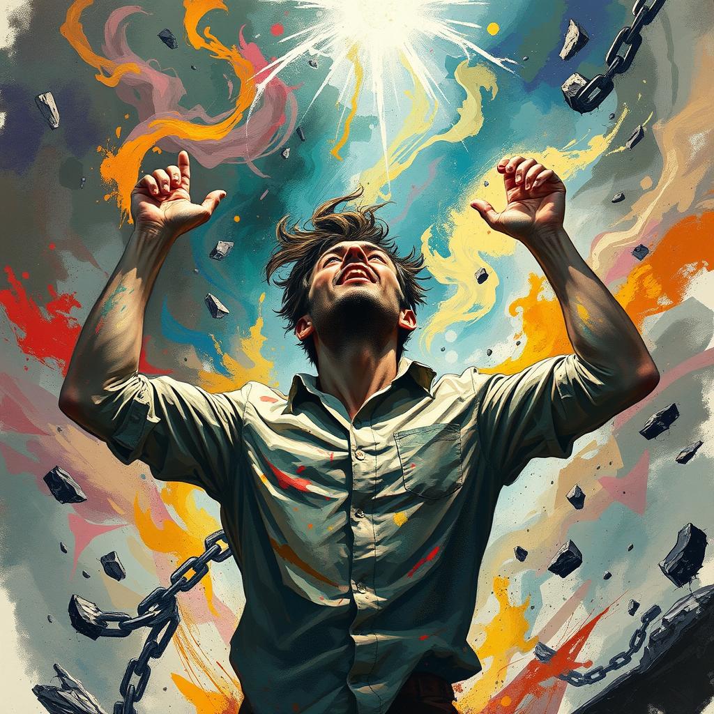 A powerful scene illustrating a man breaking free from the grips of madness, surrounded by swirling colors and chaotic elements that represent his inner turmoil