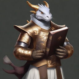 This is a high-quality digital art image featuring a dragonborn with gold-toned skin