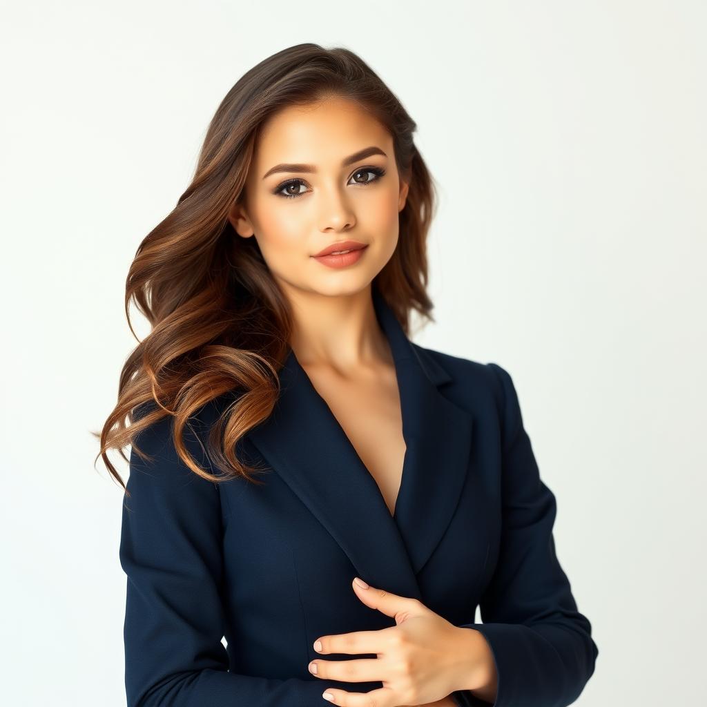 A stunningly beautiful girl standing confidently, wearing a stylish and elegantly tailored suit
