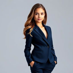 A stunningly beautiful girl standing confidently, wearing a stylish and elegantly tailored suit