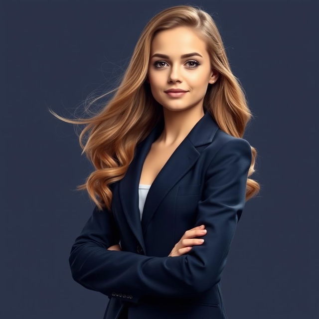 A stunningly beautiful girl standing confidently, wearing a stylish and elegantly tailored suit