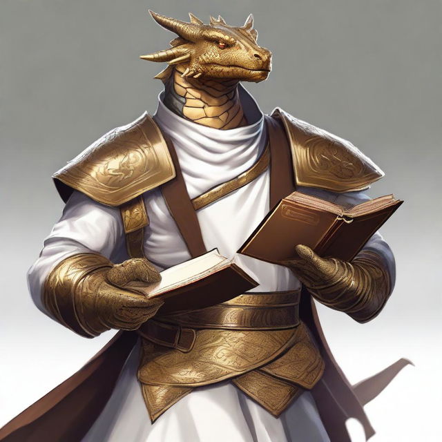 This is a high-quality digital art image featuring a dragonborn with gold-toned skin