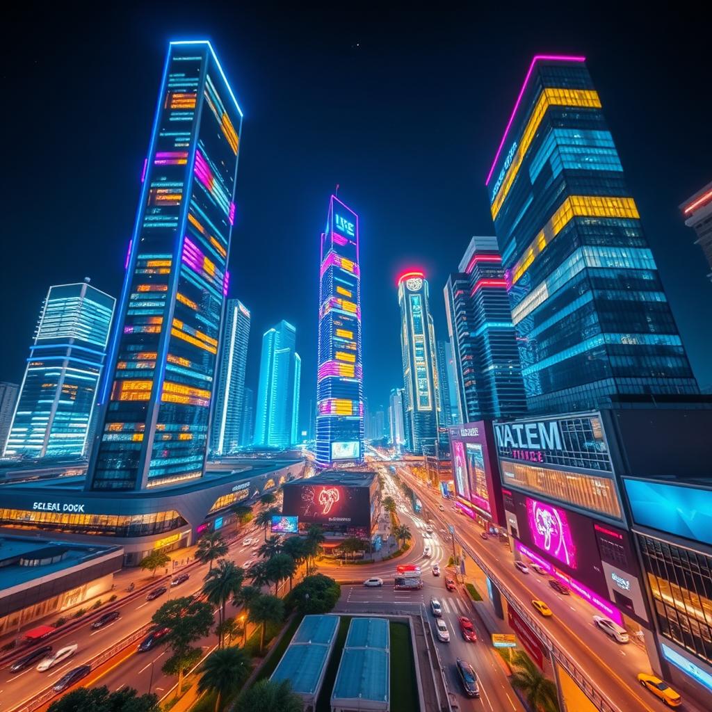 A vibrant modern cityscape at night featuring tall futuristic buildings adorned with striking multicolored lights on every floor