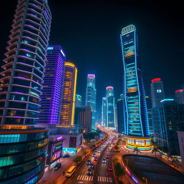 A vibrant modern cityscape at night featuring tall futuristic buildings adorned with striking multicolored lights on every floor