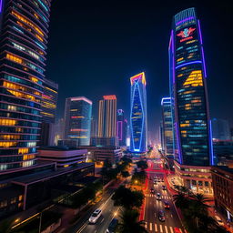 A vibrant modern cityscape at night featuring tall futuristic buildings adorned with striking multicolored lights on every floor