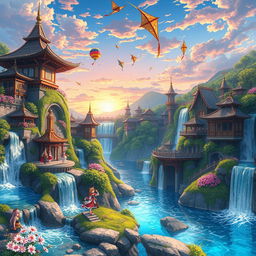 An enchanting anime country characterized by a unique hydropunk system, where cascading waterfalls and flowing rivers are integrated into the landscape