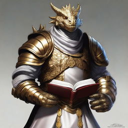 This is a high-quality digital art image featuring a dragonborn with gold-toned skin