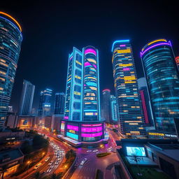 A vibrant modern cityscape at night featuring tall futuristic buildings adorned with striking multicolored lights on every floor