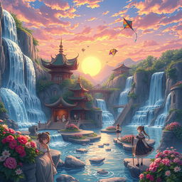 An enchanting anime country characterized by a unique hydropunk system, where cascading waterfalls and flowing rivers are integrated into the landscape