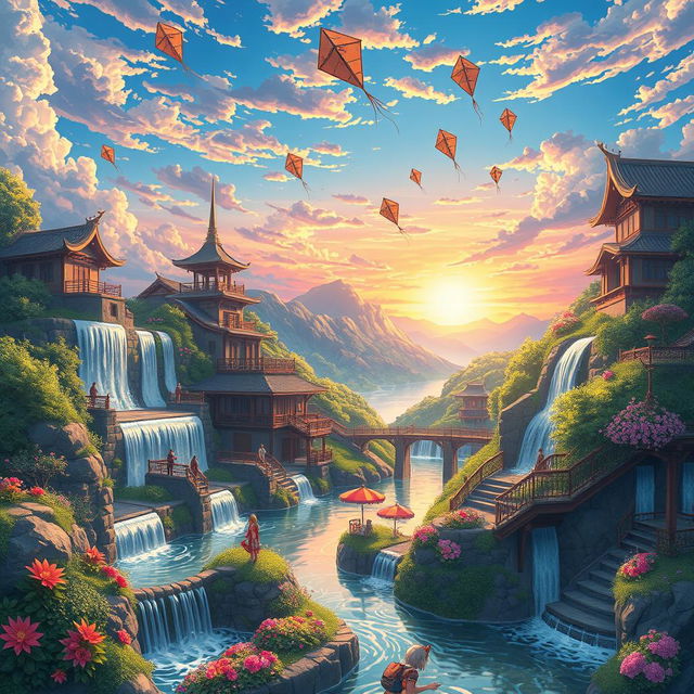 An enchanting anime country characterized by a unique hydropunk system, where cascading waterfalls and flowing rivers are integrated into the landscape