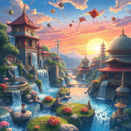 An enchanting anime country characterized by a unique hydropunk system, where cascading waterfalls and flowing rivers are integrated into the landscape