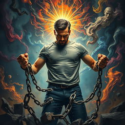 A powerful image of a man breaking the chains of a mental prison, depicted in an intense and inspiring moment
