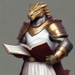 This is a high-quality digital art image featuring a dragonborn with gold-toned skin