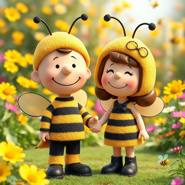 A 3D rendered illustration of a male and female character from Peanuts, both dressed in adorable bumblebee costumes that cover their heads with matching bee hats and antennae