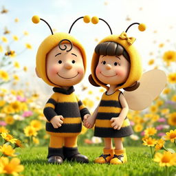 A 3D rendered illustration of a male and female character from Peanuts, both dressed in adorable bumblebee costumes that cover their heads with matching bee hats and antennae