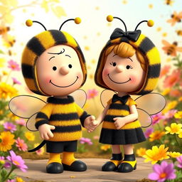 A 3D rendered illustration of a male and female character from Peanuts, both dressed in adorable bumblebee costumes that cover their heads with matching bee hats and antennae