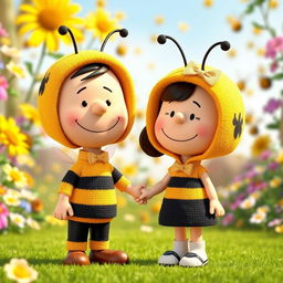 A 3D rendered illustration of a male and female character from Peanuts, both dressed in adorable bumblebee costumes that cover their heads with matching bee hats and antennae