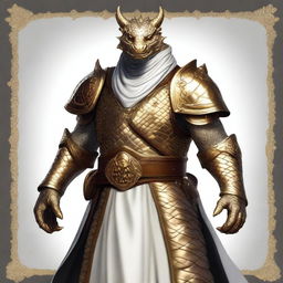 This is a vivid digital art image of a gold-skinned dragonborn boasting a friendly smile and broad shoulders