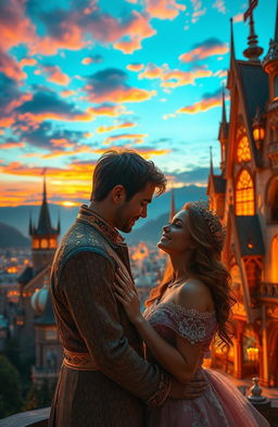 A magical love scene set in a breathtaking city of crystal and gold, where the sun sets on the horizon, painting the sky with vibrant colors that blend in a dance of fire and passion