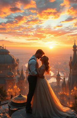 A magical love scene set in a breathtaking city of crystal and gold, where the sun sets on the horizon, painting the sky with vibrant colors that blend in a dance of fire and passion