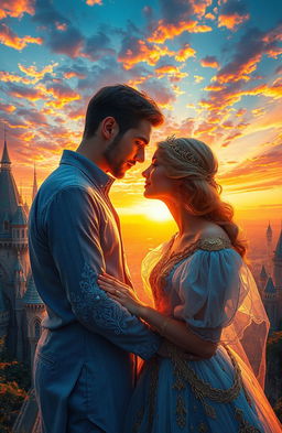 A magical love scene set in a breathtaking city of crystal and gold, where the sun sets on the horizon, painting the sky with vibrant colors that blend in a dance of fire and passion