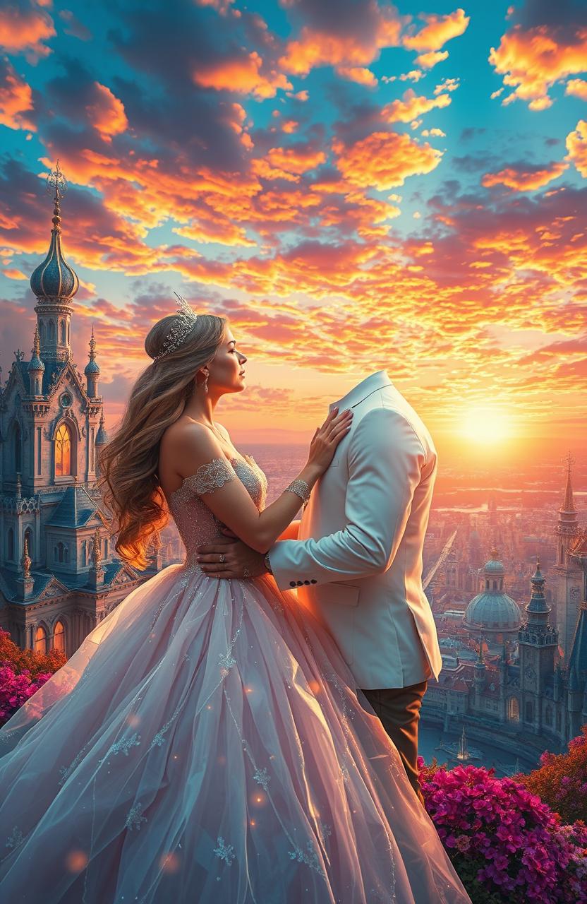 A magical love scene set in a breathtaking city of crystal and gold, where the sun sets on the horizon, painting the sky with vibrant colors that blend in a dance of fire and passion