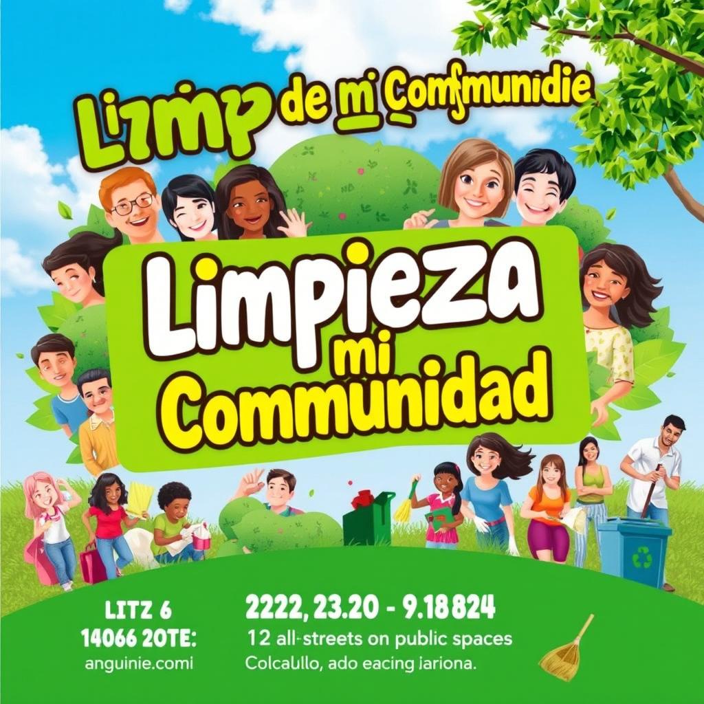 A vibrant community event poster titled 'Limpieza de mi Comunidad'