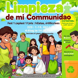 A vibrant community event poster titled 'Limpieza de mi Comunidad'