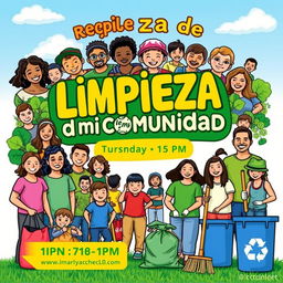 A vibrant community event poster titled 'Limpieza de mi Comunidad'