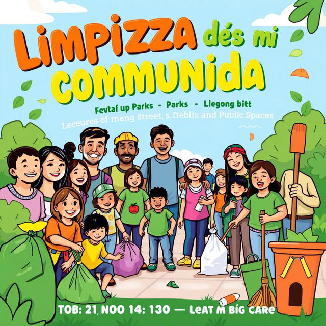 A vibrant community event poster titled 'Limpieza de mi Comunidad'