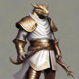 This is a vivid digital art image of a gold-skinned dragonborn boasting a friendly smile and broad shoulders