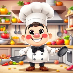 A cheerful cartoon mascot embodying a chef, wearing a traditional white chef hat and a smart black bow tie, standing in a vibrant kitchen filled with playful and colorful ingredients