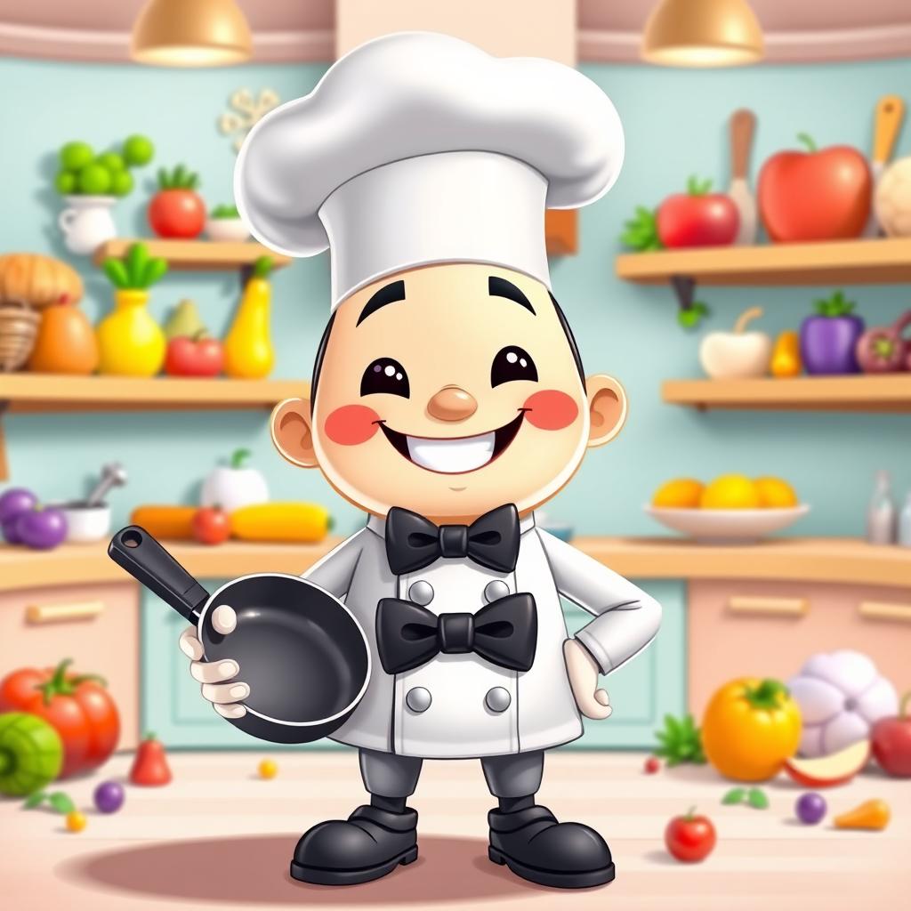 A cheerful cartoon mascot embodying a chef, wearing a traditional white chef hat and a smart black bow tie, standing in a vibrant kitchen filled with playful and colorful ingredients