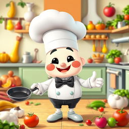 A cheerful cartoon mascot embodying a chef, wearing a traditional white chef hat and a smart black bow tie, standing in a vibrant kitchen filled with playful and colorful ingredients