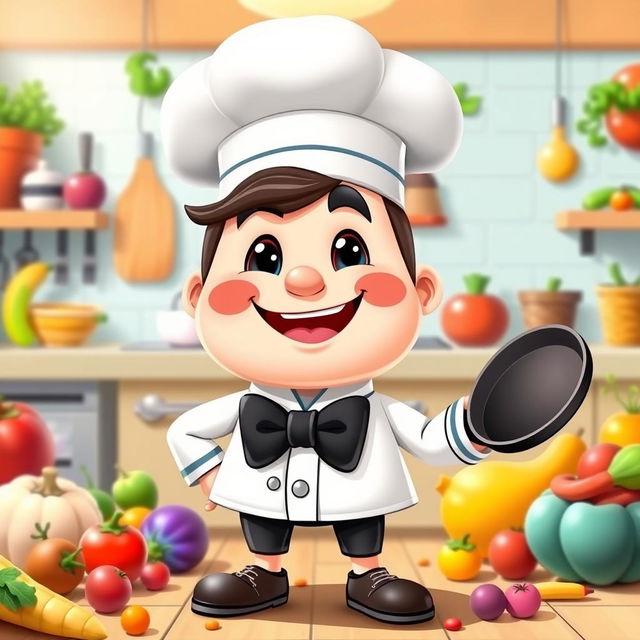 A cheerful cartoon mascot embodying a chef, wearing a traditional white chef hat and a smart black bow tie, standing in a vibrant kitchen filled with playful and colorful ingredients